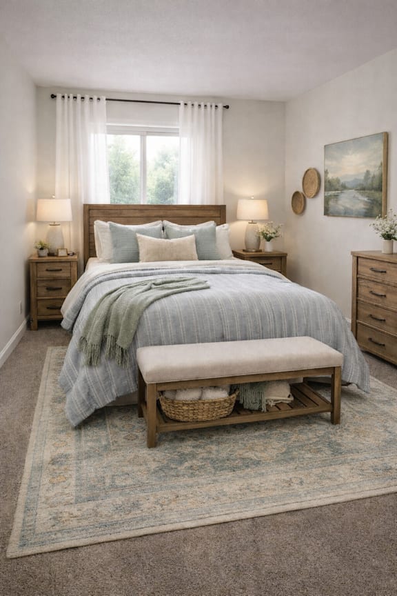 A bedroom with a large bed, a bench, and two lamps.