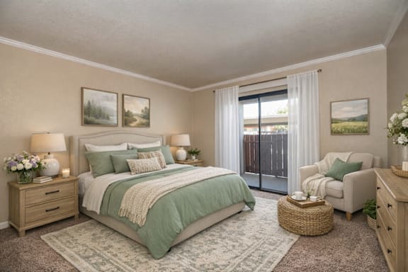 A bedroom with a large bed, a chair, and a window with curtains.