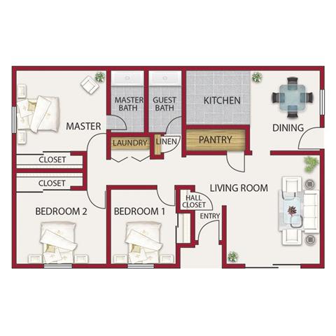 Lancaster Floor Plan at Castle Vista Senior Duplex Community, Atwater, CA, 95301