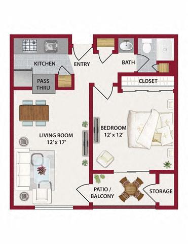 One Bedroom Floor Plan at Lodi Commons Senior Living, Lodi California