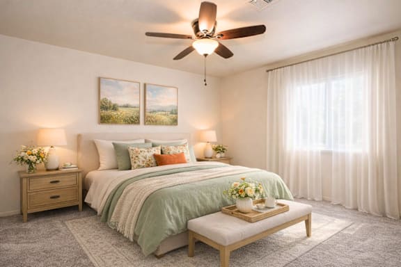 Master bedroom with sage green accents and bench at Castle Vista Senior Duplex Community Apartments, California