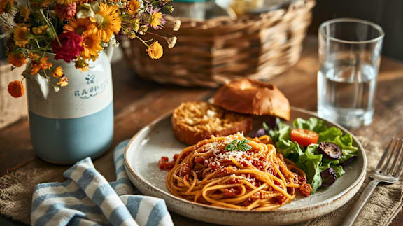 A plate of spaghetti with tomato sauce and a side of bread sits on a wooden table.