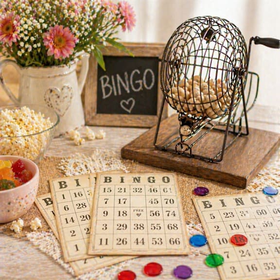 A bingo game setup with cards, balls, and a basket of popcorn.