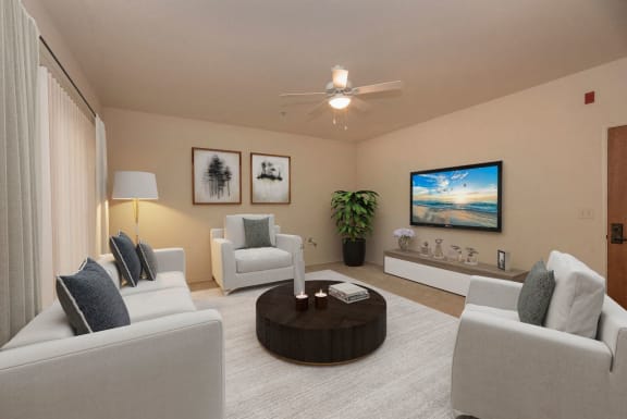 a living room with couches and a coffee table at Winding Commons Senior Living, Carmichael