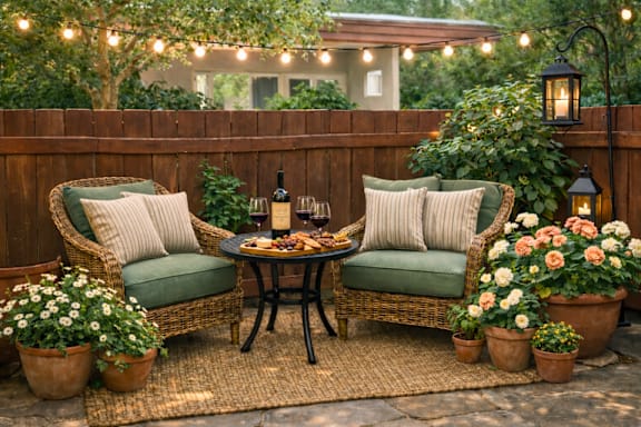 A cozy outdoor seating area with a table set for two, surrounded by potted plants and string lights.