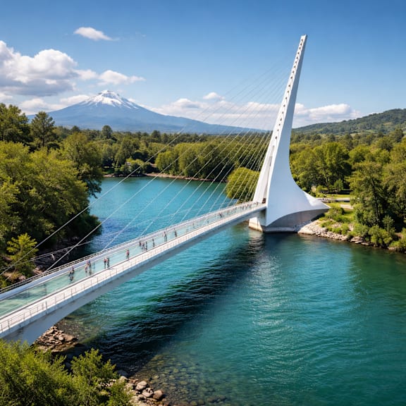 A pedestrian bridge over a river with a mountain in the background.