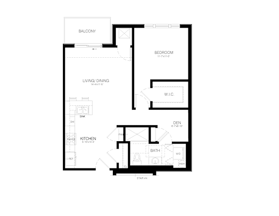 A black and white floor plan of an apartment with a living area, dining area, kitchen, bathroom, and bedroom.