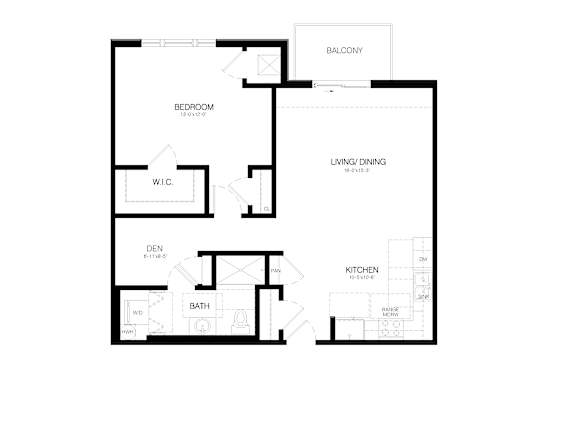 A black and white floor plan of a house with a balcony, living/dining room, kitchen, and bath.