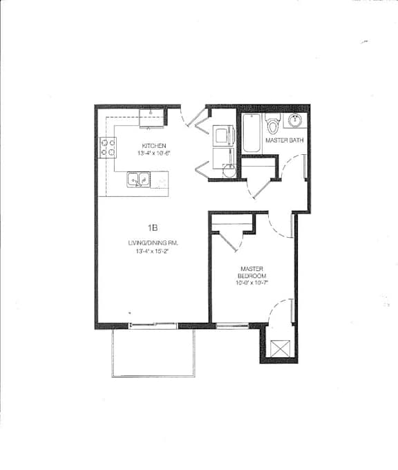 A black and white image of a floor plan for a one bedroom apartment.
