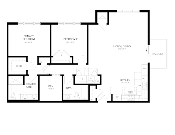 A black and white floor plan of a house with a primary bedroom, a den, a bath, a kitchen, a living/dining area, and a balcony.