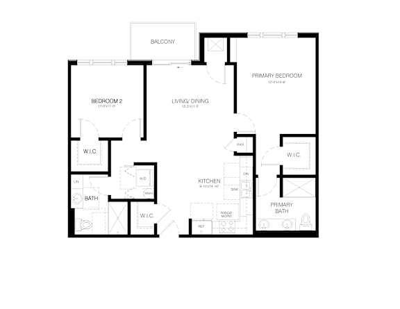 A floor plan of a house with a balcony, two bedrooms, a living/dining area, a kitchen, and a primary bath.