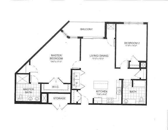 Two bedroom floor plan with dual bathrooms and storage at Arden of Oak Brook Apartments, Oakbrook Terrace, IL