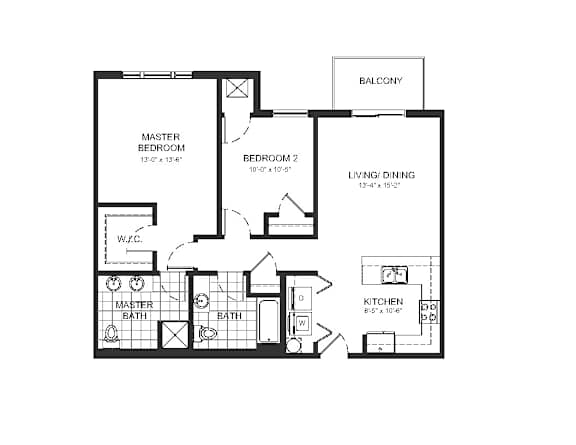A floor plan of a house with a master bedroom, two bathrooms, a balcony, a living/dining area, and a kitchen.