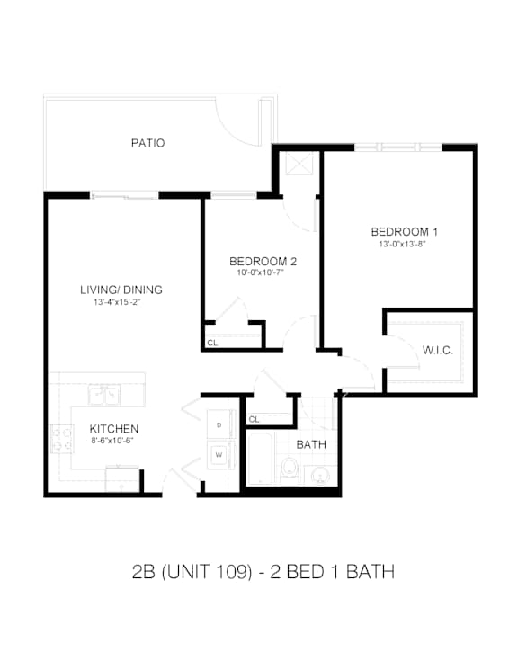 A floor plan of a 2 bedroom, 1 bath unit.