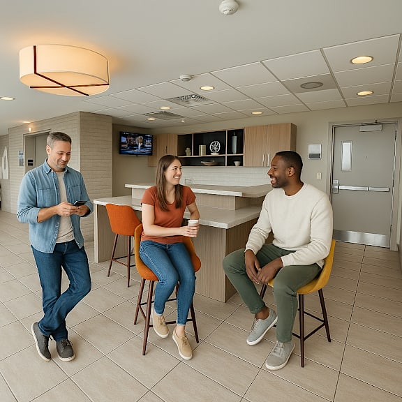 Three people are sitting and standing in a modern kitchen.