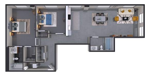 A floor plan of a house with a kitchen, living room, and two bedrooms.