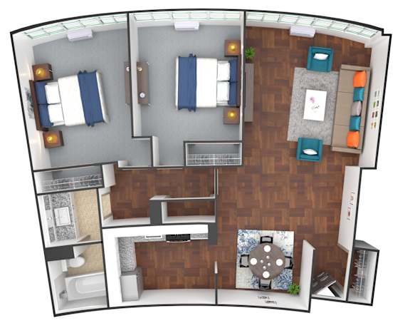 A 3D floor plan of a house with a kitchen, living room, and two bedrooms.