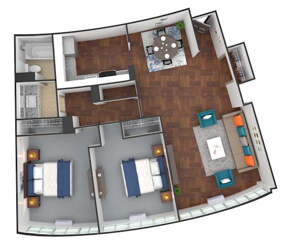 Floor Plan  A 3D floor plan of a house with two bedrooms and a living room.