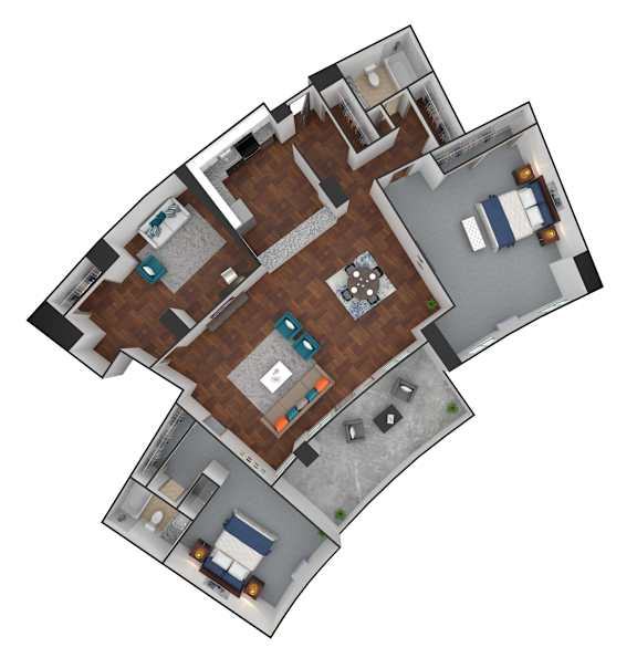 Floor Plan  A 3D floor plan of a house with a kitchen, living room, and two bedrooms.