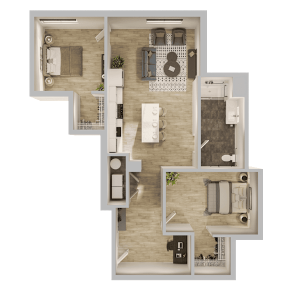 A top-down view of a house layout with a living room, kitchen, dining area, and bedrooms.
