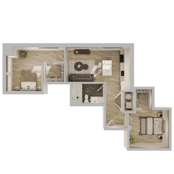 A top-down view of a house layout with a living room, kitchen, dining area, and bedrooms.