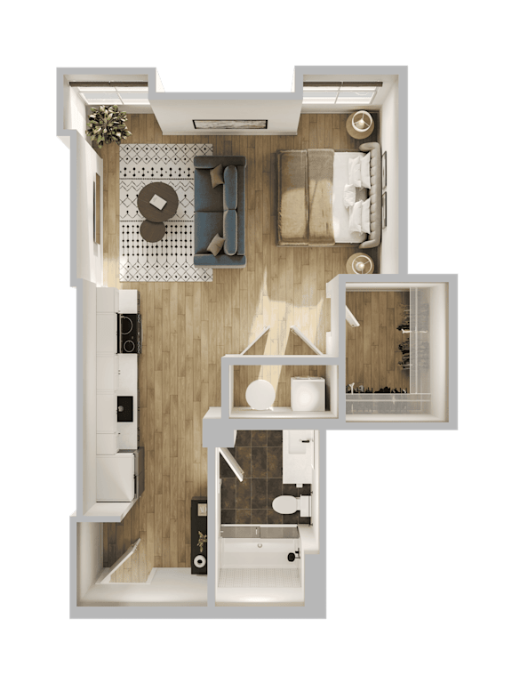 A top-down view of a small apartment with a kitchen, living room, and bathroom.
