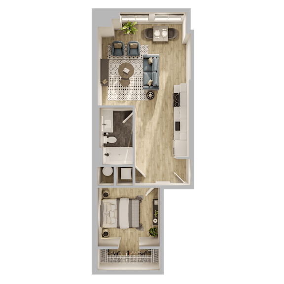 A top-down view of a small apartment with a kitchen, living room, and bathroom.