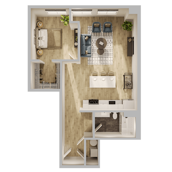 A top-down view of a modern apartment layout with a living room, kitchen, and bedroom.
