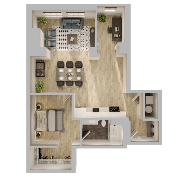 A top-down view of a living room, kitchen, and dining area.