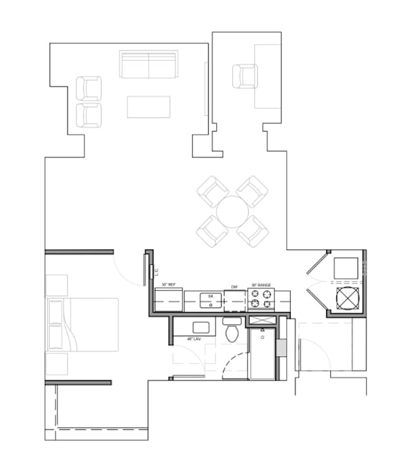 A floor plan of a house with a kitchen, living room, and dining area.