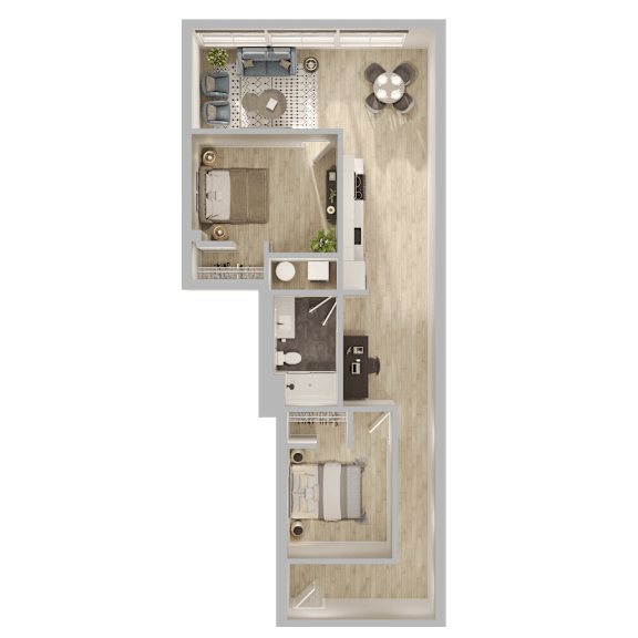 A floor plan of a small apartment with a kitchen, living room, and bathroom.
