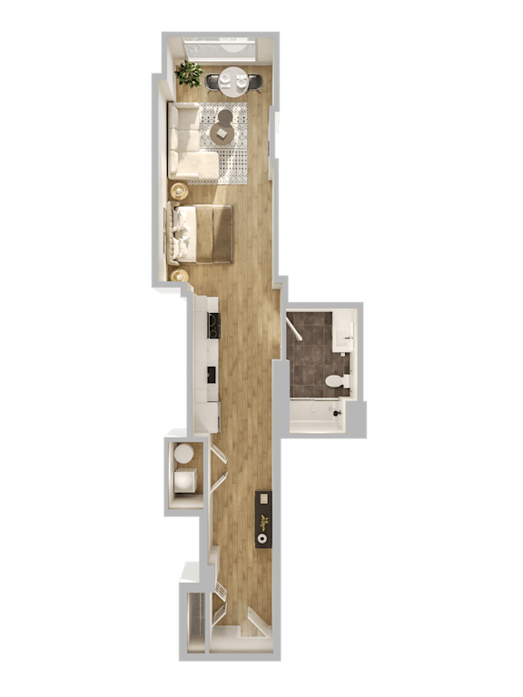A floor plan of a house with a kitchen, living room, and bathroom.