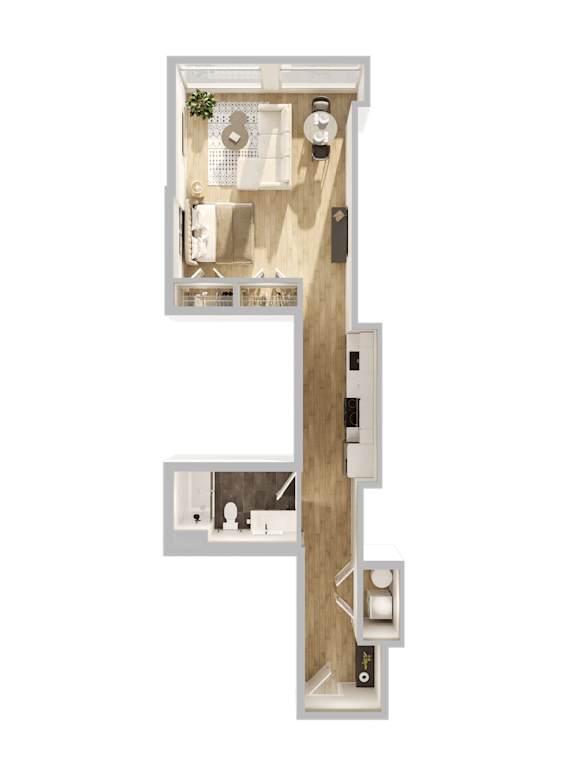 A 3D floor plan of a small apartment with a bedroom and a bathroom.