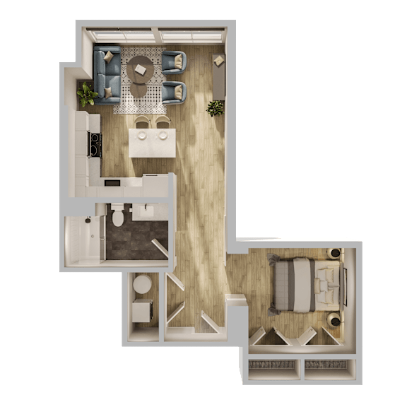 A top-down view of a house layout with a living room, kitchen, dining area, and two bedrooms.