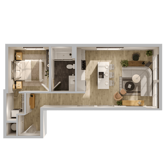 A top-down view of a small apartment with a kitchen, living room, and bathroom.