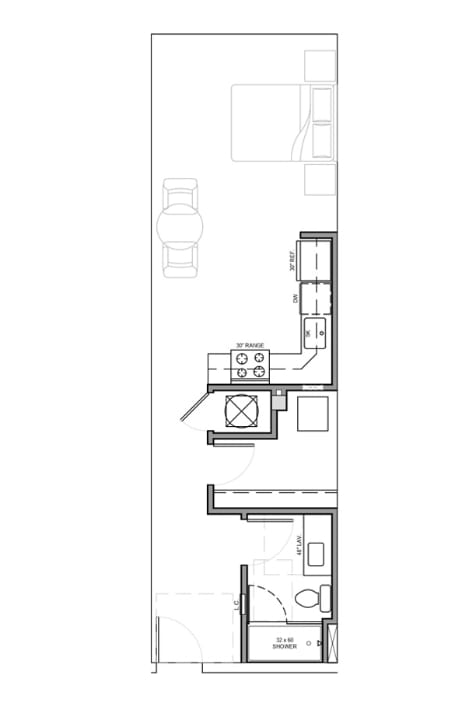 A floor plan of a house with a garage and a living room.