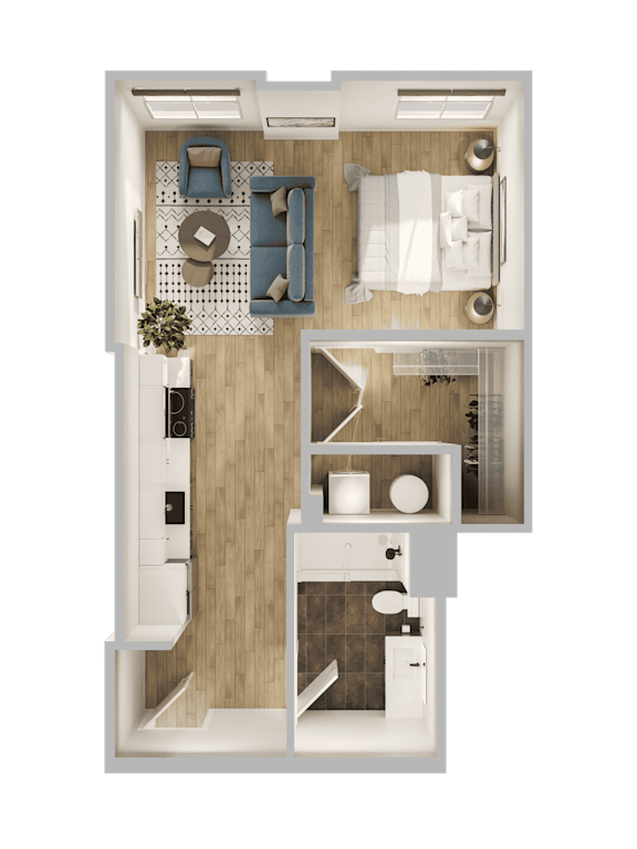 A top-down view of a small apartment with a living area, kitchen, and bathroom.