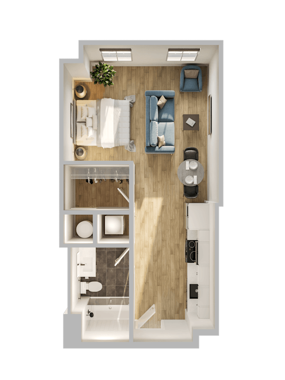 A top-down view of a small, well-organized apartment with a kitchen, living room, and bathroom.