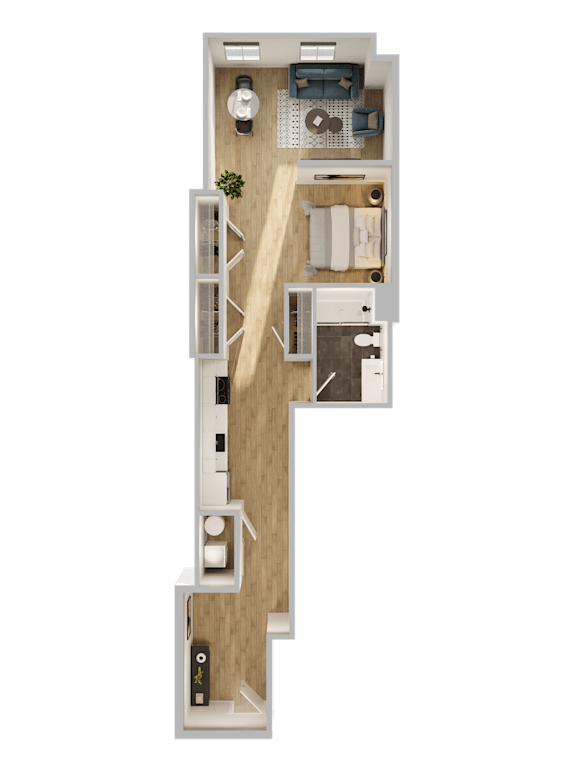 A 3D floor plan of a small apartment with a kitchen, living room, and bathroom.