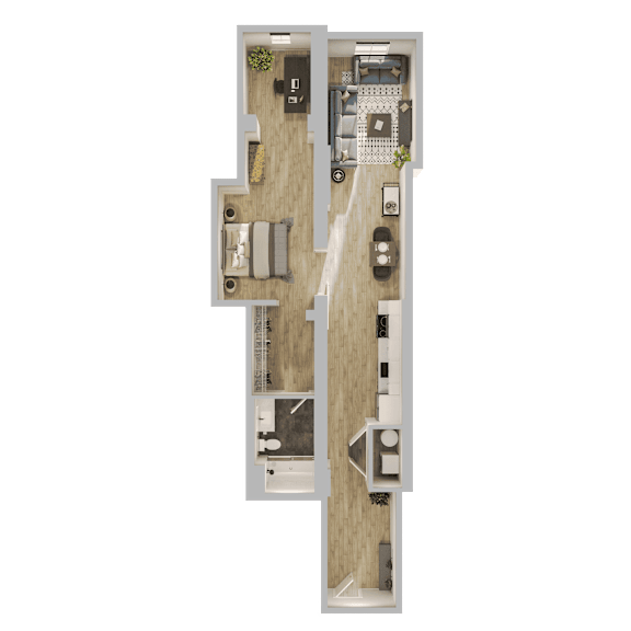 A floor plan of a house with a living room, dining room, kitchen, and two bedrooms.