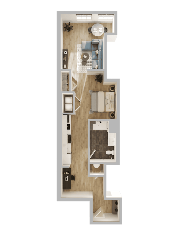 A detailed 3D floor plan of a small apartment layout.