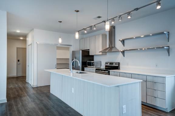 Modern Kitchen with Island at 747 Apartments, Indianapolis, IN