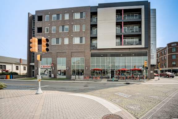 Modern Building with glass facade at 747 Apartments, Indianapolis, 46202