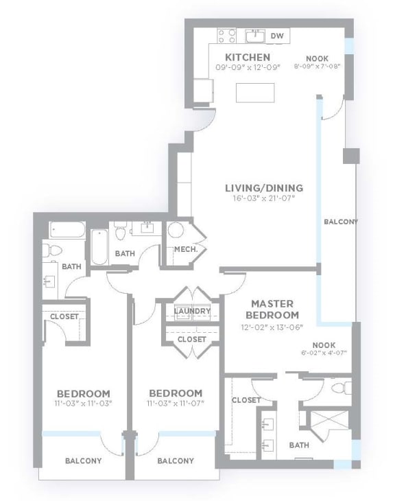 Floor Plan  C2 - 3 Bedroom 3 Bath 1,689 Sq. Ft. Floor Plan at 747 Apartments, Indianapolis, 46202