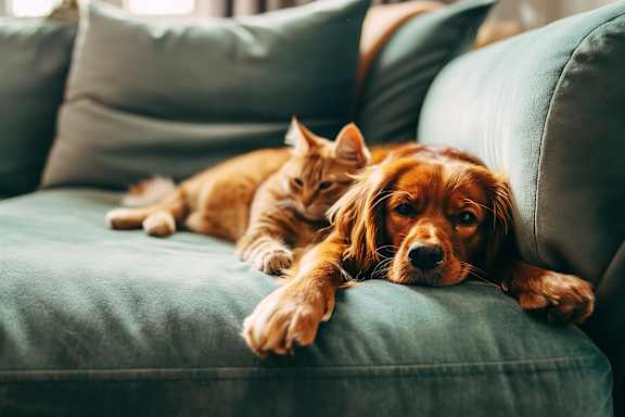 Cat and Dog are lying on green couch at 747 Apartments, Indianapolis, IN