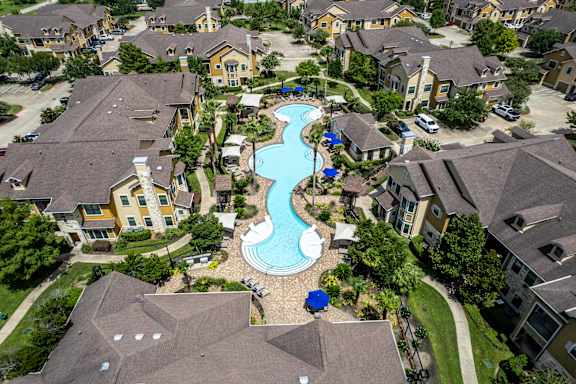 Pool Aerial Overview at Avenues at Tuscan Lakes, League City, Texas