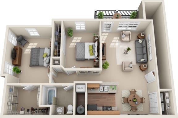 Floor Plan  B2 - 2 Bedroom 1 Bath 1014 Sq. Ft. Floor Plan at The Greyson, Hilliard, Ohio
