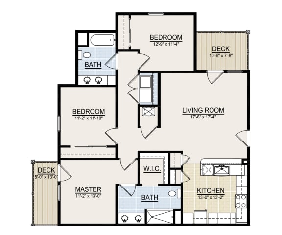 C2 - 3 Bedroom 2 Bath 1,265 Sq. Ft. Floor Plan at Springhill Apartments, Overland Park, KS