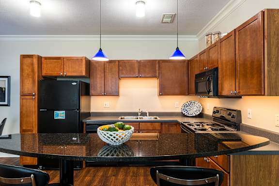 A kitchen with a black fridge and a bowl of fruit on the counter. at CityView, North Kansas City