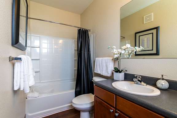 A bathroom with a white toilet, a white sink, a black shower curtain, and a mirror. at CityView, North Kansas City, 64116